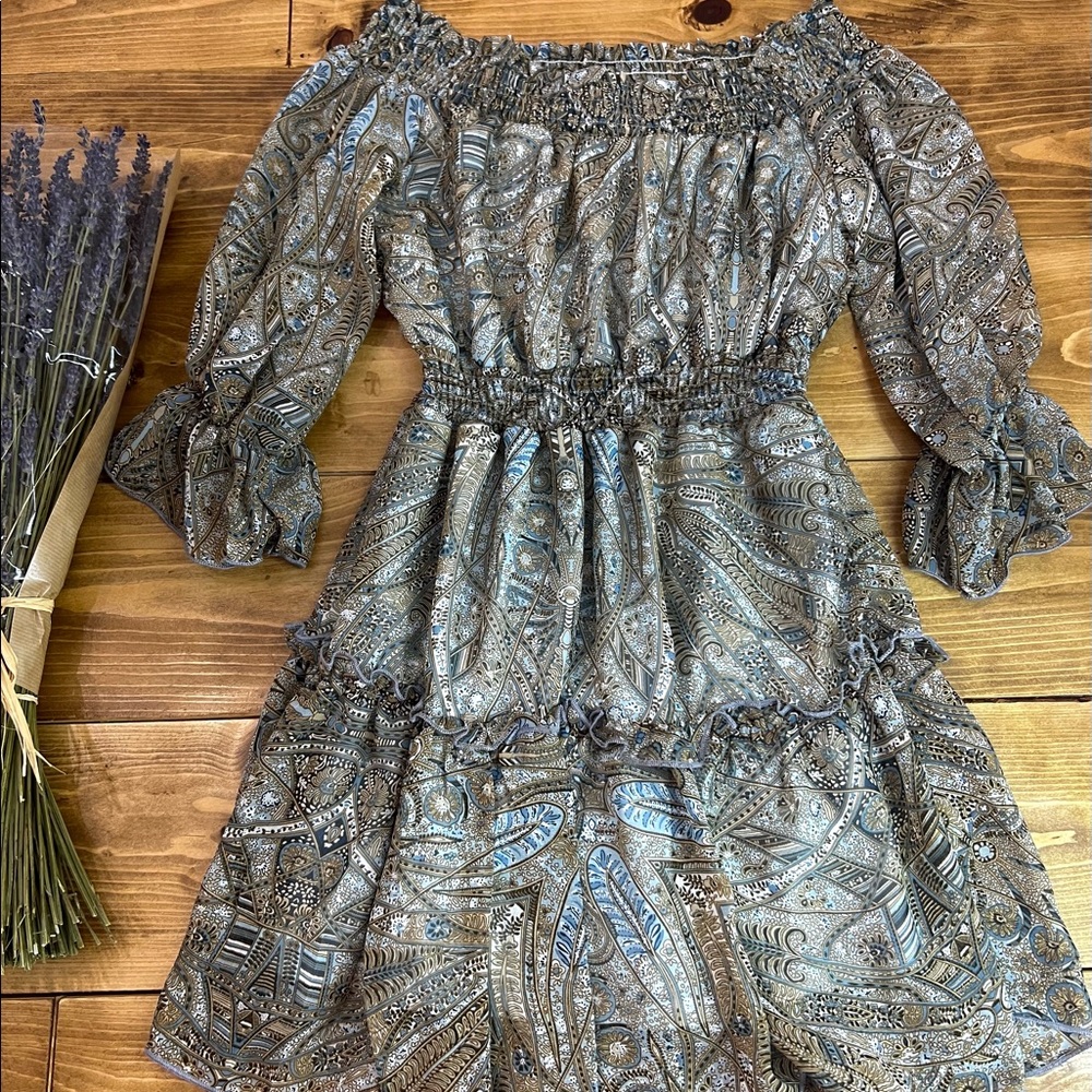 SHEIN Shirred Detail Paisley Print Bardot Dress XS
